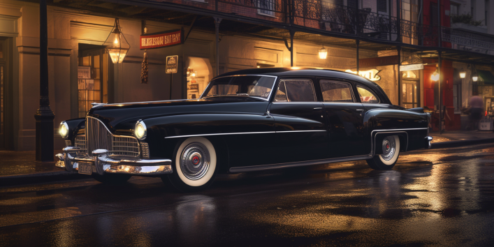 an image showcasing a sleek, black limousine gliding through the vibrant streets of New Orleans at dusk. The car's shimmering chrome accents reflect the city's iconic architecture while exuding an air of opulence and sophistication