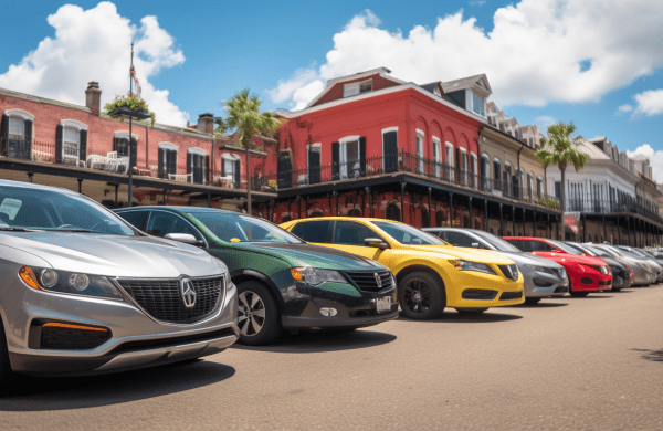 a variety of rental cars lined up in front of New Orleans' iconic landmarks like the French Quarter, Superdome, and a jazz band, ready for a road trip