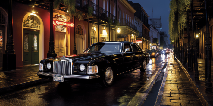 an image showcasing a sleek, black limousine gliding through the vibrant streets of New Orleans at dusk. The car's shimmering chrome accents reflect the city's iconic architecture while exuding an air of opulence and sophistication