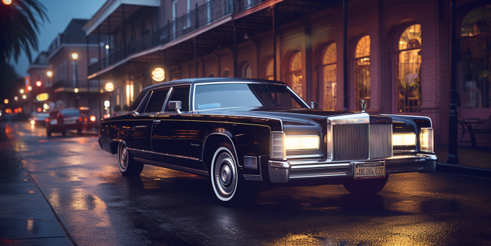 an image showcasing a sleek, black limousine gliding through the vibrant streets of New Orleans at dusk. The car's shimmering chrome accents reflect the city's iconic architecture while exuding an air of opulence and sophistication