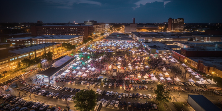 an aerial view of Essence Fest with diverse crowds, highlighted rideshare pickup spots, indicating vehicles, and iconic festival landmarks surrounded by vibrant music and cultural elements