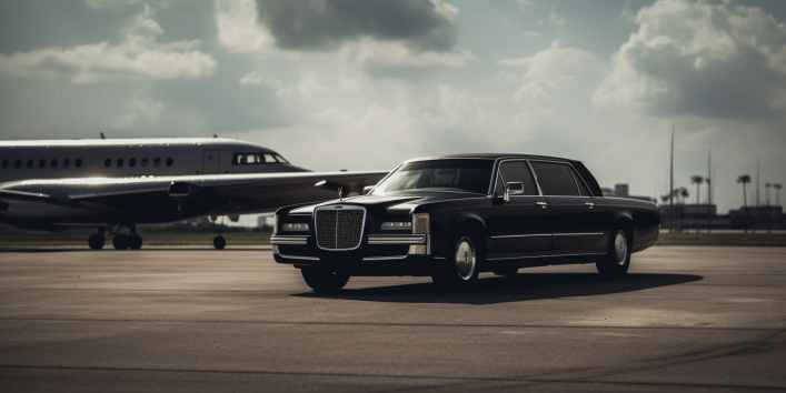 an image capturing the elegance of luxury airport transfers in New Orleans. Show a sleek black limousine parked in front of the iconic Louis Armstrong New Orleans International Airport, with a uniformed chauffeur opening the door for a well-dressed passenger