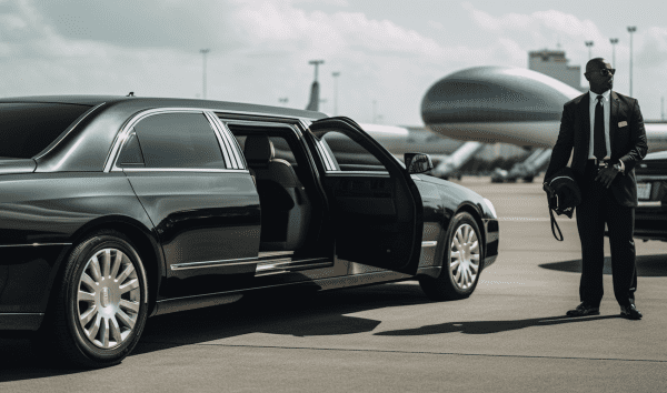an image that showcases an elegant, black stretch limousine parked in front of Louis Armstrong New Orleans International Airport, with a uniformed chauffeur opening the door for a stylishly dressed passenger