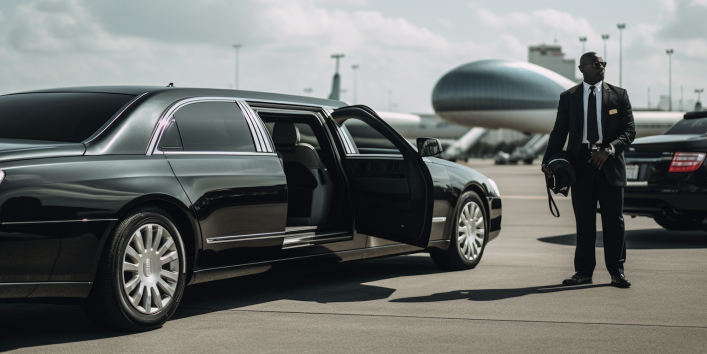 an image that showcases an elegant black stretch limousine parked in front of Louis Armstrong New Orleans International Airport with a uniformed chauffeur opening the door for a stylishly dressed passenger