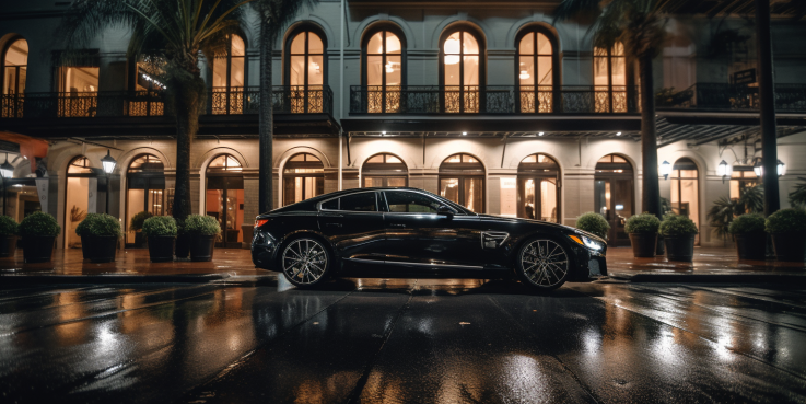 an image featuring a sleek, black luxury car parked in front of a grand hotel entrance, its polished surface reflecting the opulent architecture and vibrant city lights of New Orleans