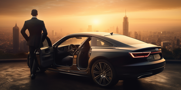an image showcasing a sleek, black luxury car with a professional chauffeur dressed in a tailored suit, opening the back door against a backdrop of a luxurious city skyline at sunset.