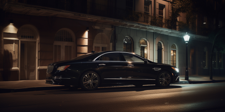 a sleek, midnight black luxury sedan gliding through the vibrant streets of New Orleans. Its gleaming body reflects the city lights, while the elegant chauffeur opens the door, offering an opulent experience that captures the essence of luxury travel.