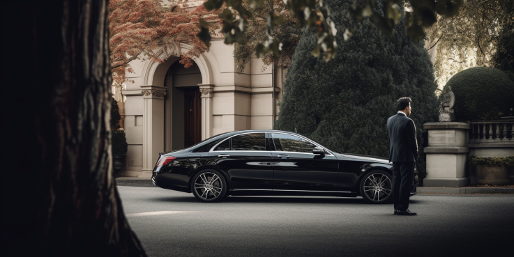 an image showcasing a sleek, black luxury sedan, gliding effortlessly along a tree-lined boulevard, with a chauffeur impeccably dressed in a tailored suit, opening the door for a well-dressed passenger