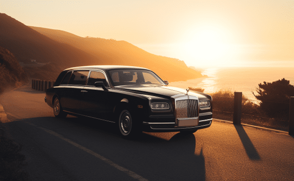 an image that captures the essence of luxury car service for memorable travel: A sleek, black limousine gliding effortlessly along a scenic coastal road, surrounded by breathtaking ocean views and bathed in golden sunlight.