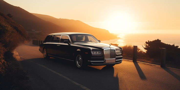 an image that captures the essence of luxury car service for memorable travel: A sleek, black limousine gliding effortlessly along a scenic coastal road, surrounded by breathtaking ocean views and bathed in golden sunlight.