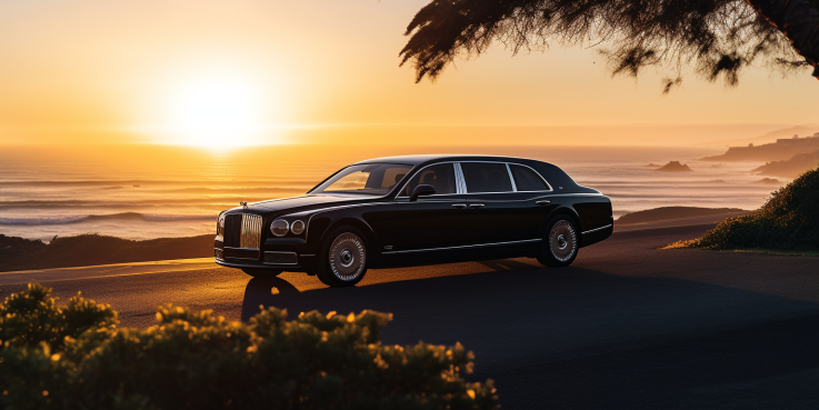 an image that captures the essence of luxury car service for memorable travel: A sleek, black limousine gliding effortlessly along a scenic coastal road, surrounded by breathtaking ocean views and bathed in golden sunlight.