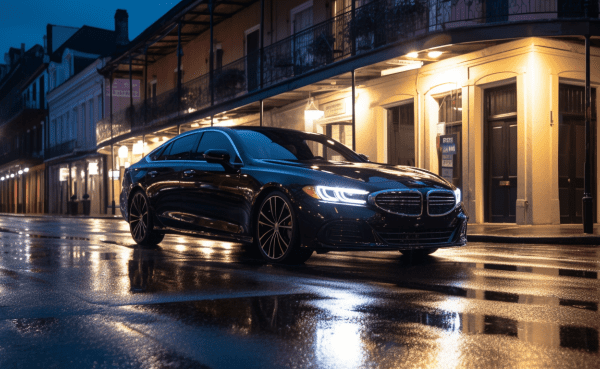 an image showcasing a sleek black luxury car gliding down a vibrant French Quarter street at twilight, its shimmering reflection on the wet pavement exuding opulence and sophistication.