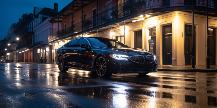 an image showcasing a sleek black luxury car gliding down a vibrant French Quarter street at twilight, its shimmering reflection on the wet pavement exuding opulence and sophistication.