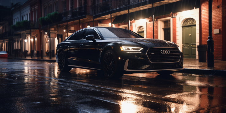 an image showcasing a sleek black luxury car gliding down a vibrant French Quarter street at twilight, its shimmering reflection on the wet pavement exuding opulence and sophistication.