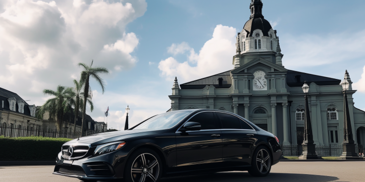 an image showcasing a sleek black luxury sedan cruising through the vibrant streets of New Orleans, with the iconic St. Louis Cathedral in the background, exuding elegance, sophistication, and the epitome of a top-notch chauffeur service.