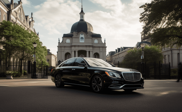 an image showcasing a sleek black luxury sedan cruising through the vibrant streets of New Orleans, with the iconic St. Louis Cathedral in the background, exuding elegance, sophistication, and the epitome of a top-notch chauffeur service.