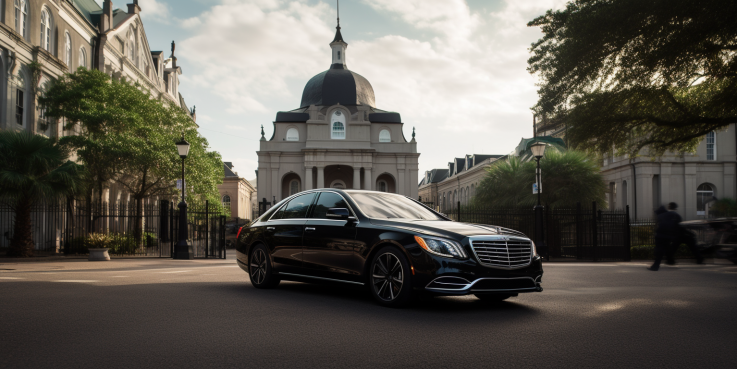 an image showcasing a sleek black luxury sedan cruising through the vibrant streets of New Orleans, with the iconic St. Louis Cathedral in the background, exuding elegance, sophistication, and the epitome of a top-notch chauffeur service.