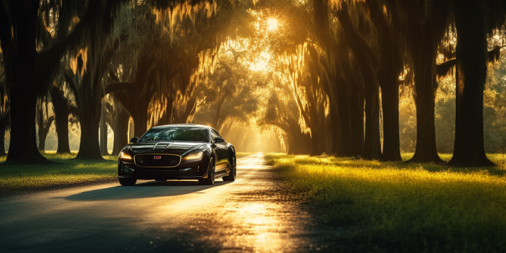 an image showcasing a sleek, black luxury car gliding along a scenic Louisiana bayou road, framed by vibrant green cypress trees and bathed in the warm golden light of the setting sun.