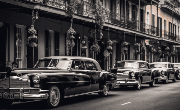 an image that showcases the opulence of luxury chauffeured car service in New Orleans. Capture a sleek black limousine driving down a vibrant avenue lined with historic mansions, while the city's iconic streetcars pass by in the background. -