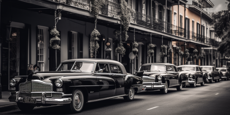an image that showcases the opulence of luxury chauffeured car service in New Orleans. Capture a sleek black limousine driving down a vibrant avenue lined with historic mansions, while the city's iconic streetcars pass by in the background. -