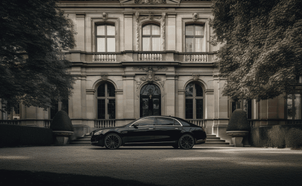 an image featuring a sleek, black limousine parked in front of an opulent mansion. The limo's glistening body reflects the grandiose architecture, while a chauffeur in a sharply tailored suit stands by, ready to assist