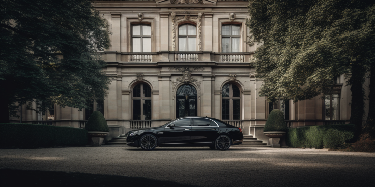 an image featuring a sleek, black limousine parked in front of an opulent mansion. The limo's glistening body reflects the grandiose architecture, while a chauffeur in a sharply tailored suit stands by, ready to assist