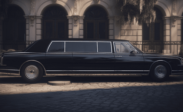 an image showcasing a sleek, black limousine with glistening chrome accents, parked in front of a grand, stately mansion. The limousine door is opened, revealing a plush, leather interior and a champagne-filled crystal glass.