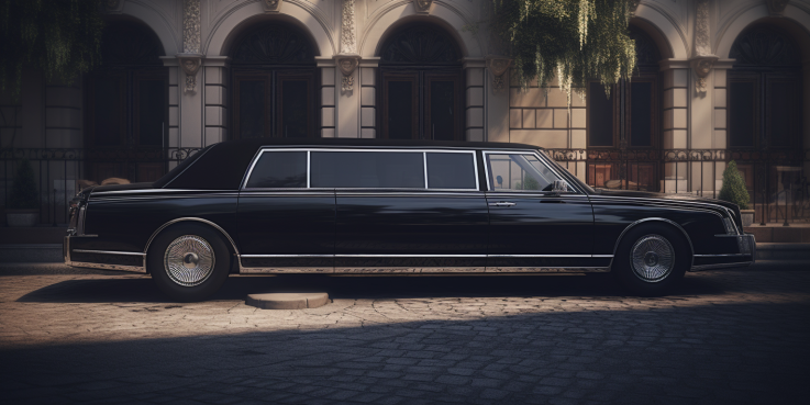an image showcasing a sleek, black limousine with glistening chrome accents, parked in front of a grand, stately mansion. The limousine door is opened, revealing a plush, leather interior and a champagne-filled crystal glass.