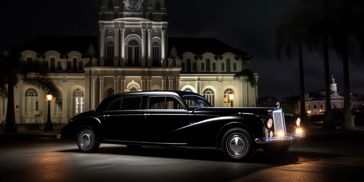 an image showcasing a sleek, black limousine parked in front of New Orleans' iconic St. Louis Cathedral. The car's polished exterior glimmers under the city lights, evoking a sense of upscale elegance for any occasion