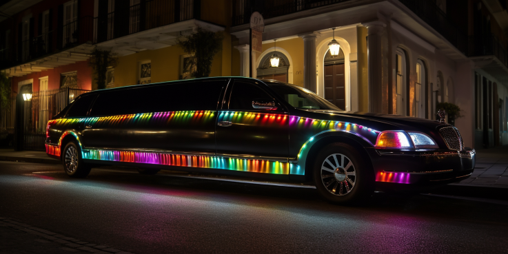 he essence of New Orleans' exceptional transportation with a stunning image of a sleek, black Big Easy Limos luxury vehicle gliding down the historic streets, adorned with vibrant Mardi Gras beads and surrounded by the city's iconic gas lamps