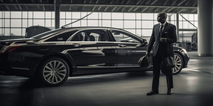 an image showcasing a sleek black luxury sedan waiting at Louis Armstrong New Orleans International Airport, with a professional chauffeur standing by the open door, ready to greet and assist passengers. 