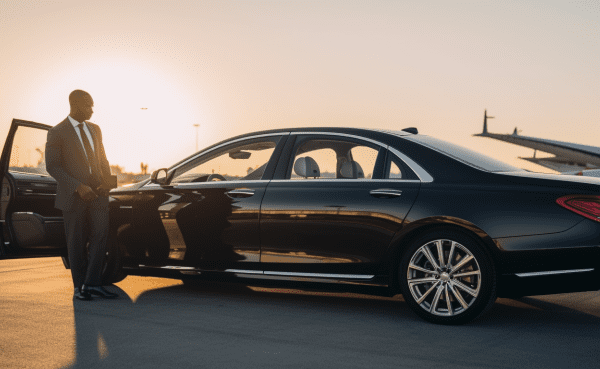 an image showcasing a sleek black luxury sedan waiting at Louis Armstrong New Orleans International Airport, with a professional chauffeur standing by the open door, ready to greet and assist passengers.