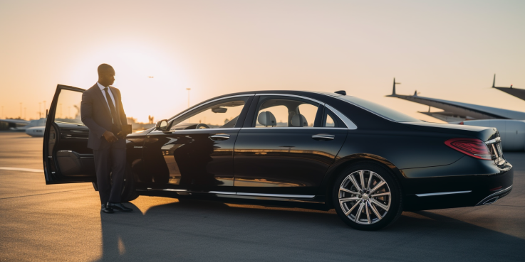 an image showcasing a sleek black luxury sedan waiting at Louis Armstrong New Orleans International Airport, with a professional chauffeur standing by the open door, ready to greet and assist passengers.