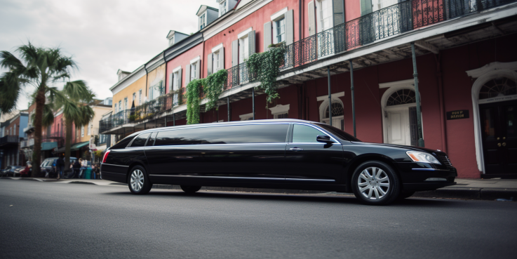 an image that captures the essence of a luxurious limo tour in vibrant New Orleans. Show a sleek black limousine cruising through the French Quarter, adorned with elegant decorations and a chauffeur in a tailored suit.