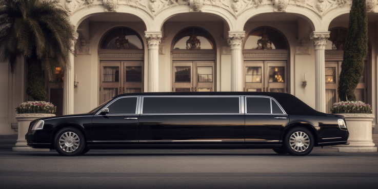  an image showcasing an elegant limousine with sleek, polished black exterior, tinted windows, and gleaming chrome accents, parked in front of a grand hotel entrance, setting the tone for luxurious transportation services
