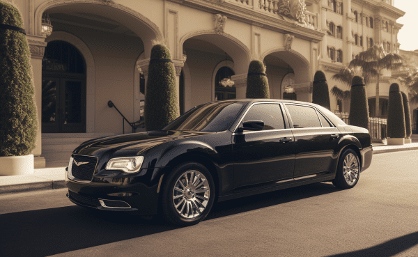 an image showcasing an elegant limousine with sleek, polished black exterior, tinted windows, and gleaming chrome accents, parked in front of a grand hotel entrance, setting the tone for luxurious transportation services.