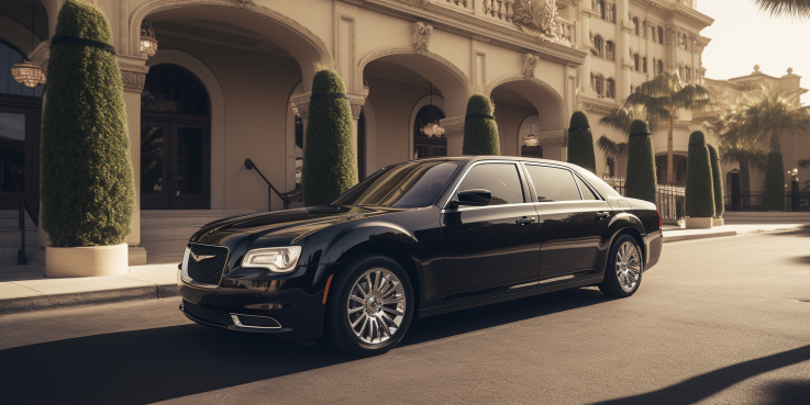 an image showcasing an elegant limousine with sleek, polished black exterior, tinted windows, and gleaming chrome accents, parked in front of a grand hotel entrance, setting the tone for luxurious transportation services.