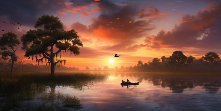 an image featuring a breathtaking sunset over the vibrant wetlands of Louisiana, with a majestic bald eagle soaring above and a charming paddleboat gliding through the peaceful waters, capturing the essence of Louisiana's natural beauty and rich cultural heritage.
