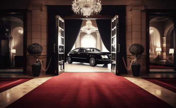 an image showcasing a sleek, black limousine parked in front of a grand hotel entrance, with chauffeur standing by the open door, ready to assist passengers. Sparkling chandeliers and red carpet add to the opulent ambiance.