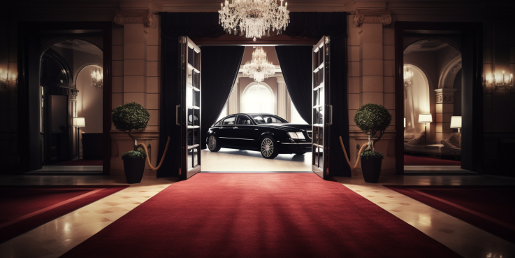 an image showcasing a sleek, black limousine parked in front of a grand hotel entrance, with chauffeur standing by the open door, ready to assist passengers. Sparkling chandeliers and red carpet add to the opulent ambiance.