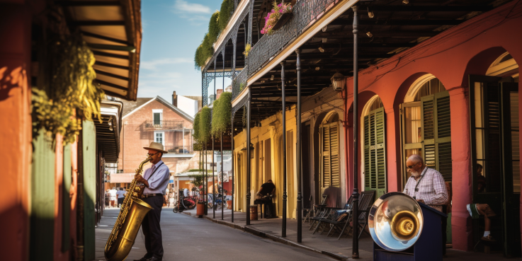 the vibrant streets of New Orleans bustling with lively jazz bands, exquisite Creole architecture, and locals strolling along the historic French Quarter. Let the image showcase the city's charm and the joys of exploring on foot. 