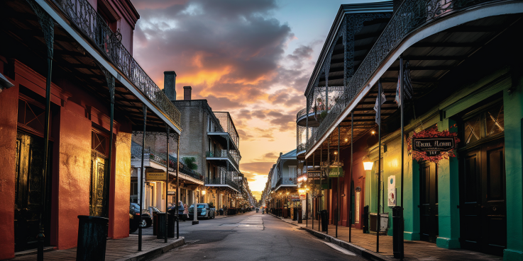 the vibrant streets of New Orleans bustling with lively jazz bands, exquisite Creole architecture, and locals strolling along the historic French Quarter. Let the image showcase the city's charm and the joys of exploring on foot.