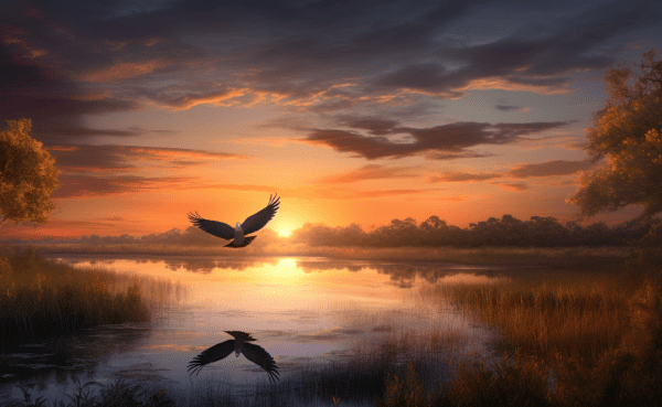 an image featuring a breathtaking sunset over the vibrant wetlands of Louisiana, with a majestic bald eagle soaring above and a charming paddleboat gliding through the peaceful waters, capturing the essence of Louisiana's natural beauty and rich cultural heritage.