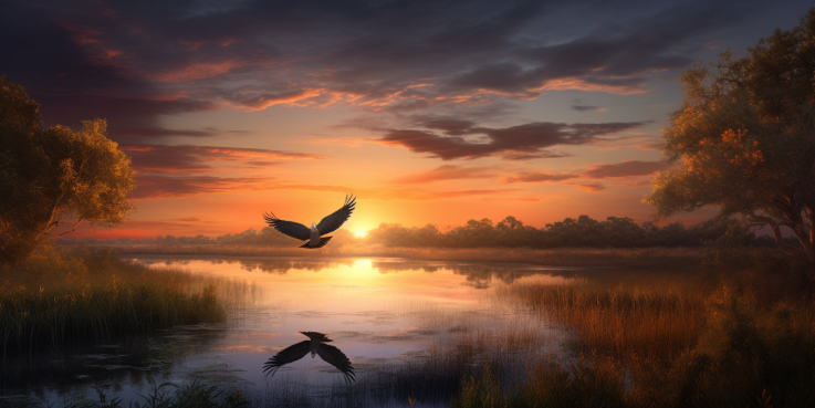 an image featuring a breathtaking sunset over the vibrant wetlands of Louisiana, with a majestic bald eagle soaring above and a charming paddleboat gliding through the peaceful waters, capturing the essence of Louisiana's natural beauty and rich cultural heritage.