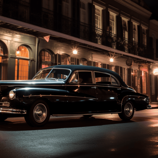 A glossy black limousine gliding through New Orleans' historic French Quarter, with the iconic St. Louis Cathedral and twinkling gas lamps reflecting off its polished surface.