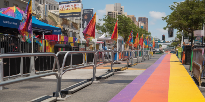 a vibrant Essence Fest scene with handicap parking signs, wheelchair accessible ramps, and festival-goers of diverse abilities enjoying music and festivities.