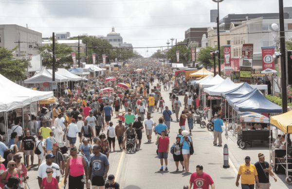 a vibrant Essence Fest scene with handicap parking signs, wheelchair accessible ramps, and festival-goers of diverse abilities enjoying music and festivities.
