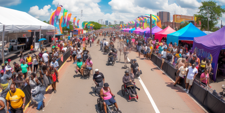 a vibrant Essence Fest scene with handicap parking signs, wheelchair accessible ramps, and festival-goers of diverse abilities enjoying music and festivities.