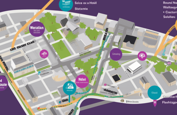 a city map highlighting inexpensive parking lots near Essence Fest venue, with dollar sign icons. Include visuals of budget-friendly parking meters and affordable parking garages.