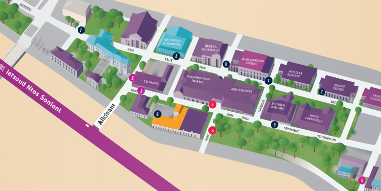 a city map highlighting inexpensive parking lots near Essence Fest venue, with dollar sign icons. Include visuals of budget-friendly parking meters and affordable parking garages.